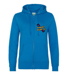The front of a sapphire blue hoodie, with full body colour matching zip. Displaying the Personal Prints UK logo on the top left breast.