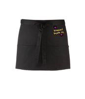A black short waist apron with 3 pockets and a tie front displaying the Personal Prints UK logo on the top right of the apron.