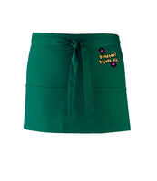 A bottle green short waist apron with 3 pockets and a tie front displaying the Personal Prints UK logo on the top right of the apron.