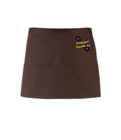 An brown, short waist apron with 3 pockets and a tie front displaying the Personal Prints UK logo on the top right of the apron.
