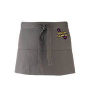 A dark grey, short waist apron with 3 pockets and a tie front displaying the Personal Prints UK logo on the top right of the apron.