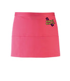 A fuchsia, short waist apron with 3 pockets and a tie front displaying the Personal Prints UK logo on the top right of the apron.