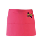 A hot pink, short waist apron with 3 pockets and a tie front displaying the Personal Prints UK logo on the top right of the apron.