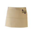 A khaki, short waist apron with 3 pockets and a tie front displaying the Personal Prints UK logo on the top right of the apron.