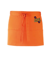An orange, short waist apron with 3 pockets and a tie front displaying the Personal Prints UK logo on the top right of the apron.