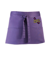 A purple, short waist apron with 3 pockets and a tie front displaying the Personal Prints UK logo on the top right of the apron.