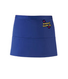 A royal blue, short waist apron with 3 pockets and a tie front displaying the Personal Prints UK logo on the top right of the apron.