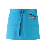 A turquoise blue, short waist apron with 3 pockets and a tie front displaying the Personal Prints UK logo on the top right of the apron.