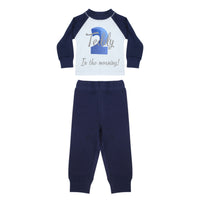Blue and white solid baby pyjamas that read: Teddy 2 in the morning!