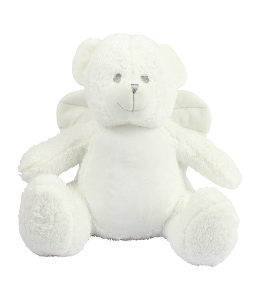 The front of a white teddy bear that has angel wings.