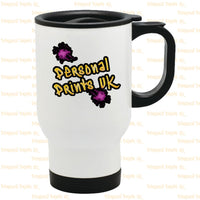 A metallic travel mug with black lid and handle, with the Personal Prints UK logo on.