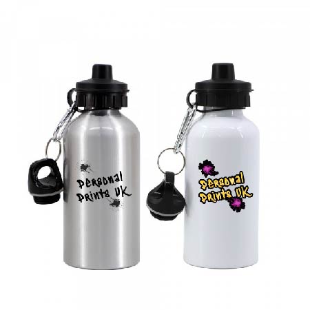 One white and one silver metallic water bottles. Both with 2 different variations of lids, one screw top and one sports top. Both displaying the Personal Prints UK logo. The silver water bottle has black print, the white water bottle has a colourful print.